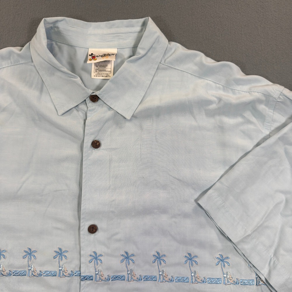 Walt Disney World Mens XL Blue Rayon Embroidered Mickey Shirt Tropical